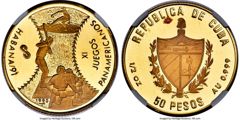 Republic gold Proof "XI Pan-American Games - Baseball" 50 Pesos 1990 PR68 Ultra ...