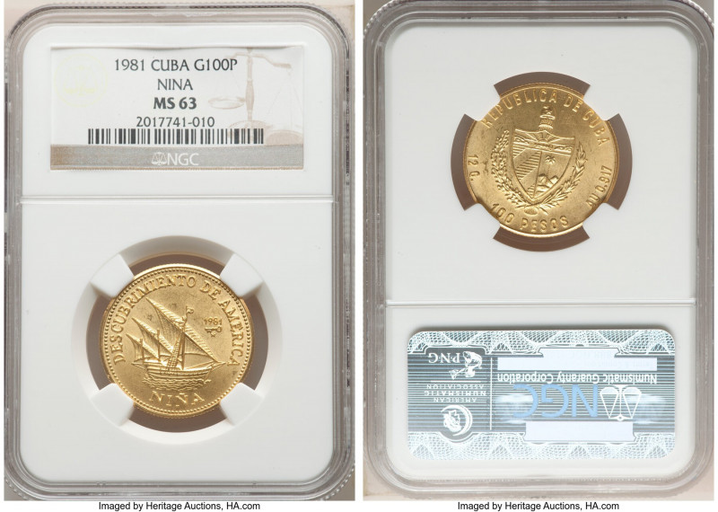 Republic gold "Niña" 100 Pesos 1981 MS63 NGC, KM85. Mintage: 2,000. AGW 0.3538 o...
