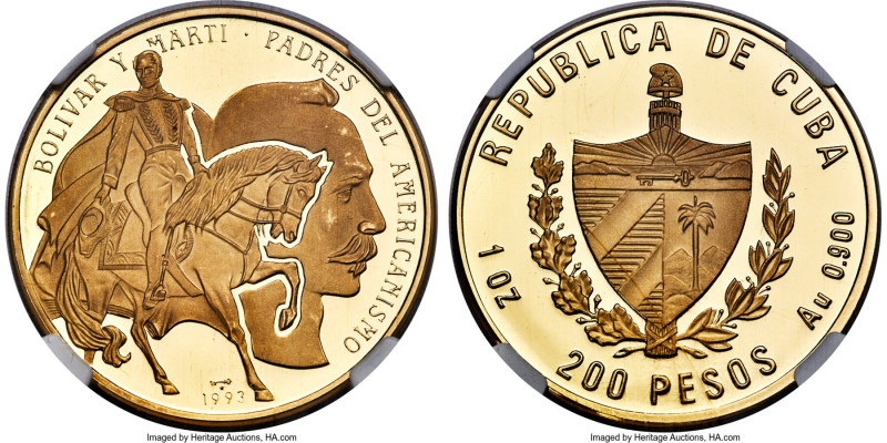 Republic gold Proof "Bolivar & Marti" 200 Pesos (1 oz) 1993 PR67 Ultra Cameo NGC...