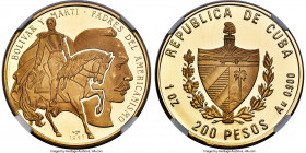 Republic gold Proof "Bolivar & Marti" 200 Pesos (1 oz) 1993 PR67 Ultra Cameo NGC, KM542. Mintage: 100. A popular commemorative issue of the Cuban seri...