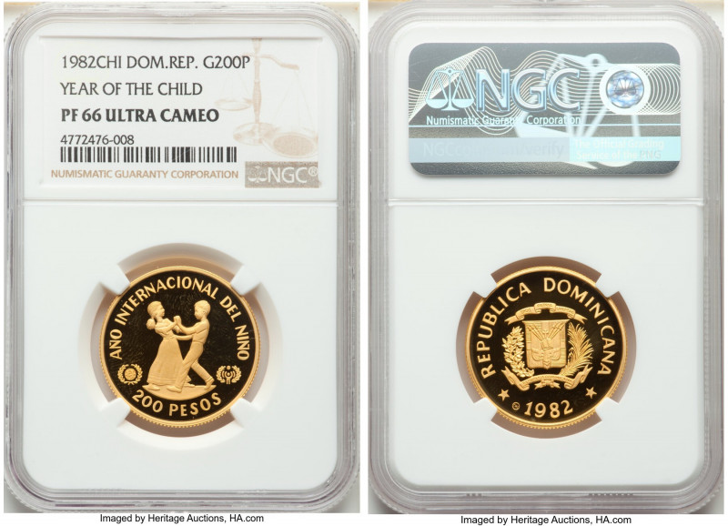 Republic gold Proof "Year of the Child" 200 Pesos 1982-CHI PR66 Ultra Cameo NGC,...