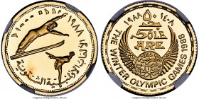 Arab Republic gold Proof "Calgary Olympics" 50 Pounds AH 1408 (1988) PR69 Ultra Cameo NGC, KM629. Winter Olympics commemorative issue displaying a ski...