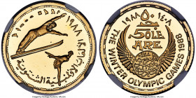Arab Republic gold Proof "Calgary Olympics" 50 Pounds AH 1408 (1988) PR68 Ultra Cameo NGC, KM629. Mintage: 50. A fleeting modern commemorative struck ...