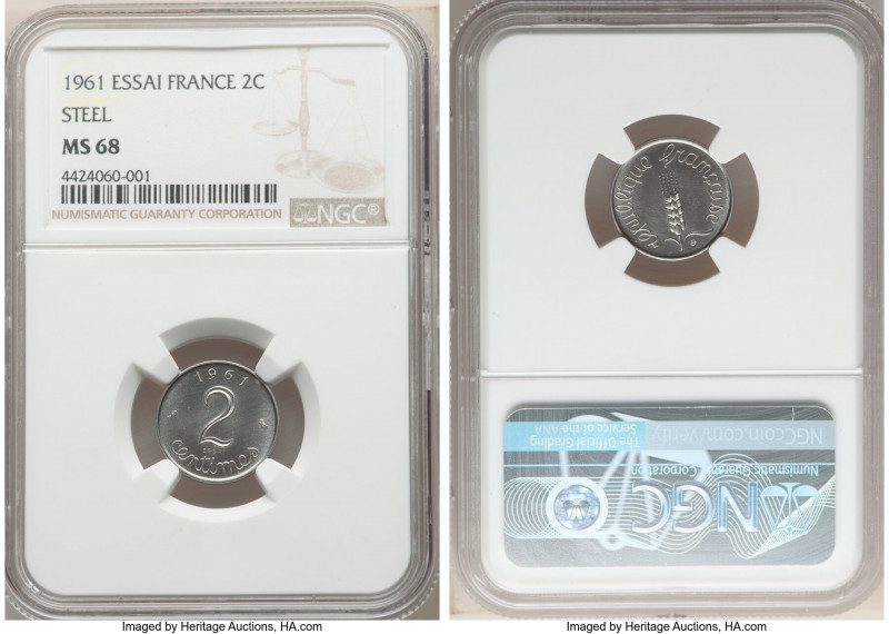 Pair of Certified Essais NGC, 1) steel Essai 2 Centimes 1961 - MS68, KM-E103.1 2...