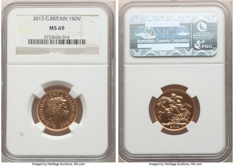 Elizabeth II gold Sovereign 2013 MS69 NGC, KM1002.1. Maximum mintage: 15,000. So...