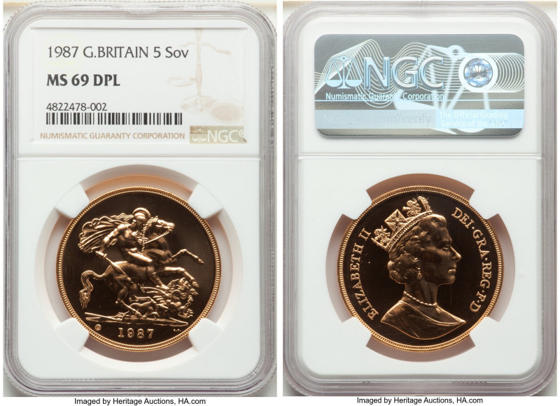 Elizabeth II gold 5 Pounds 1987 MS69 Deep Prooflike NGC, KM949. AGW 1.1775 oz. 
...