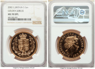 Elizabeth II gold "Golden Jubilee" 5 Pounds 2002 MS70 Deep Prooflike NGC, KM1028. Mintage: 1,370. Sold with green velvet case. AGW 1.1771 oz.

HID0980...