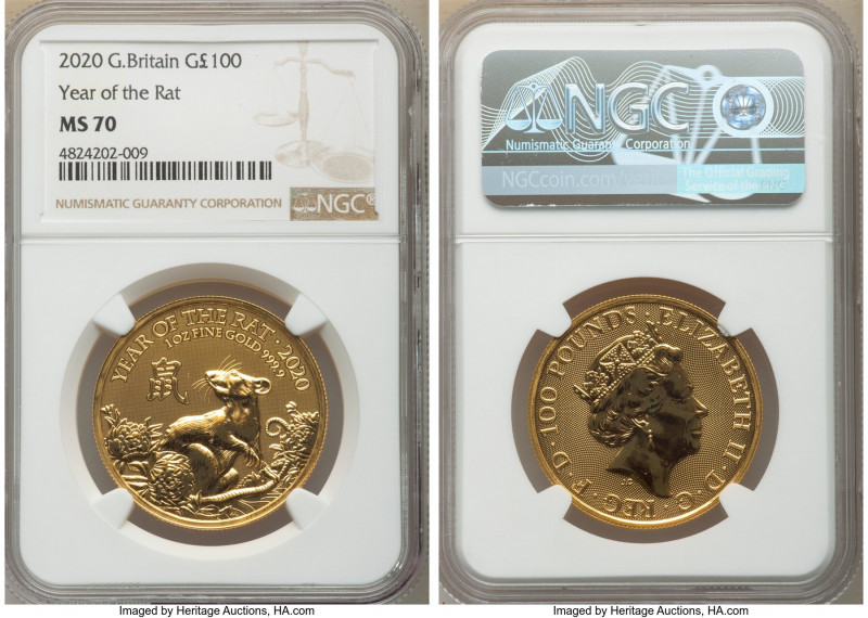 Elizabeth II gold "Year of the Rat" 100 Pounds (1 oz) 2020 MS70 NGC, KM-Unl. "Ye...