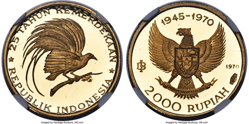 Republic gold Proof "Great Bird of Paradise" 2000 Rupiah 1970 PR68 Ultra Cameo N...