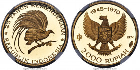 Republic gold Proof "Great Bird of Paradise" 2000 Rupiah 1970 PR68 Ultra Cameo NGC, KM28, Fr-5. Mintage: 2,970. Struck in commemoration of the 25th An...