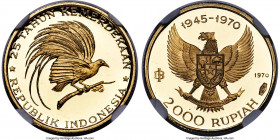 Republic gold Proof "Great Bird of Paradise" 2000 Rupiah 1970 PR67 Ultra Cameo NGC, KM28, Fr-5. Mintage: 2,970. Struck in commemoration of the 25th An...