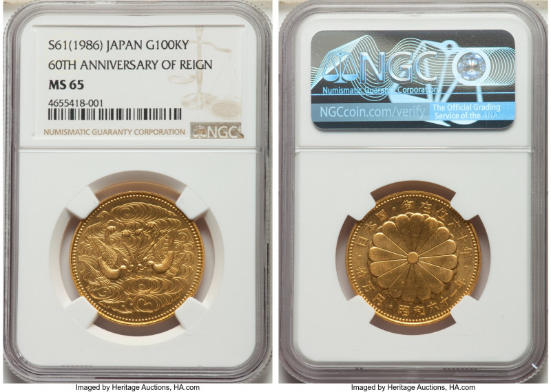 Showa gold 100000 Yen Year 61 (1986) MS65 NGC, KM-Y92. Commemorating Emperor Hir...