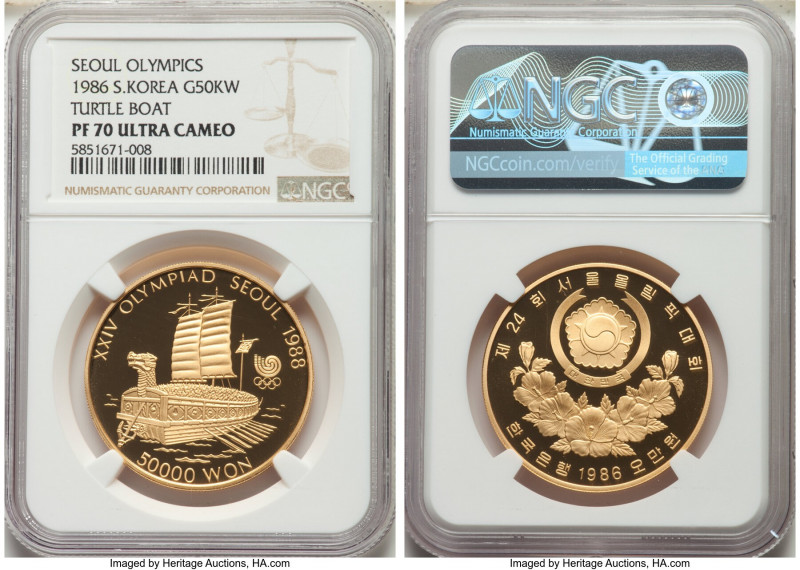 South Korea. Republic gold Proof "Seoul Olympics - Turtle Boat" 50000 Won 1986 P...