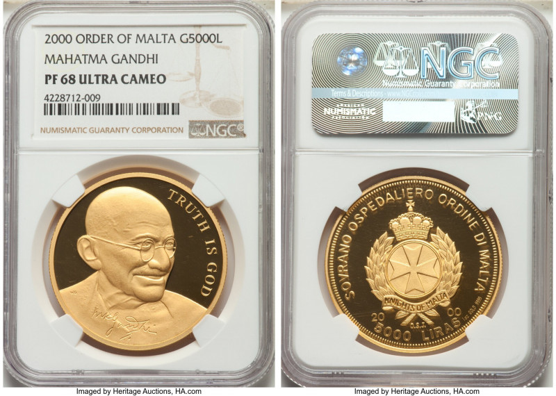 Republic gold Proof "Mahatma Gandhi" 5000 Liras (1 oz) 2000 PR68 Ultra Cameo NGC...