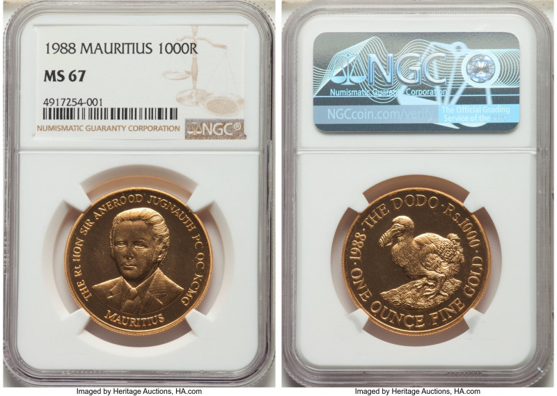 Elizabeth II gold 1000 Rupees (1 oz) 1988 MS67 NGC, KM60. AGW 1.0038 oz.

HID098...