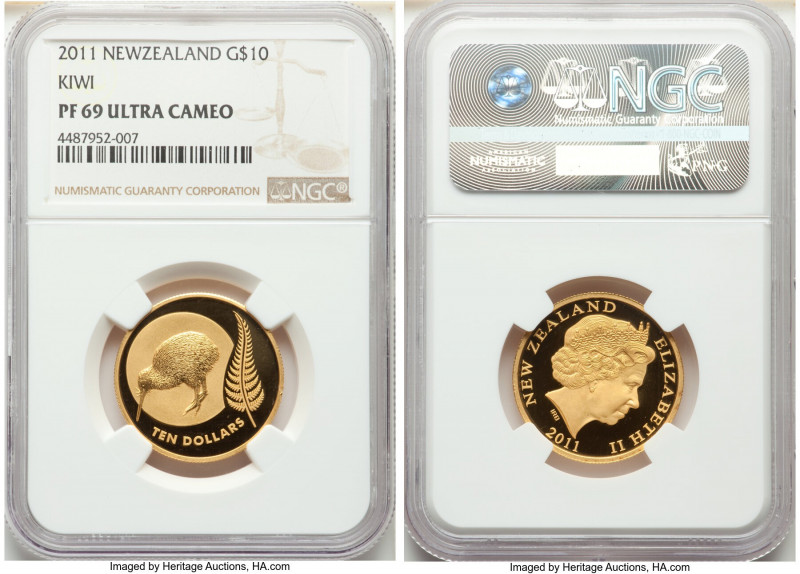 Elizabeth II gold Proof "Kiwi" 10 Dollars 2011 PR69 Ultra Cameo NGC, KM349. Mint...
