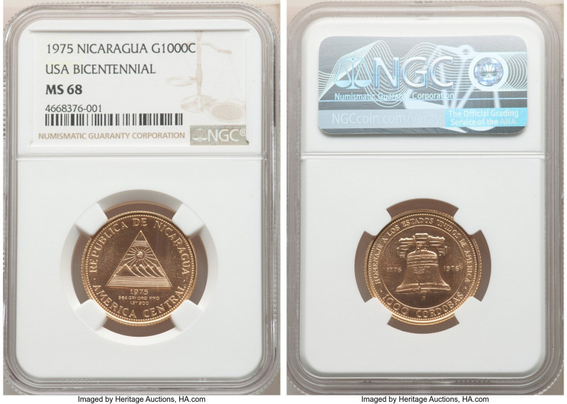 Republic gold "USA Bicentennial" 1000 Cordobas 1975 MS68 NGC, KM40. Mintage: 3,3...