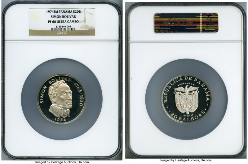 Republic Proof "Simon Bolivar" 20 Balboas 1974-FM PR68 Ultra Cameo NGC, Franklin...