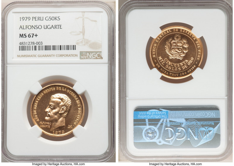Republic gold "Alfonso Urgarte" 50000 Soles 1979-LM MS67+ NGC, Lima mint, KM277....