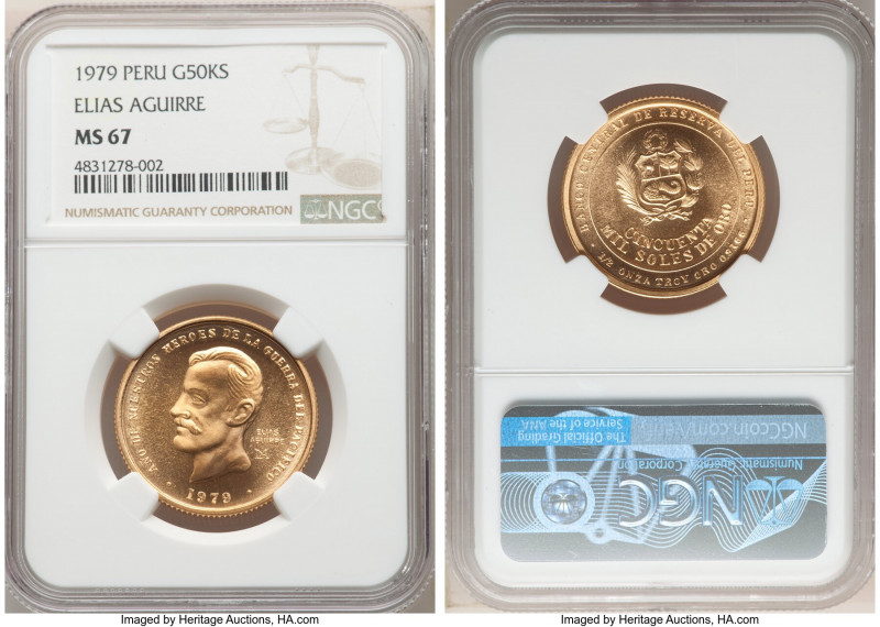 Republic gold "Elias Aguirre" 50000 Soles 1979-LM MS67 NGC, Lima mint, KM278. AG...