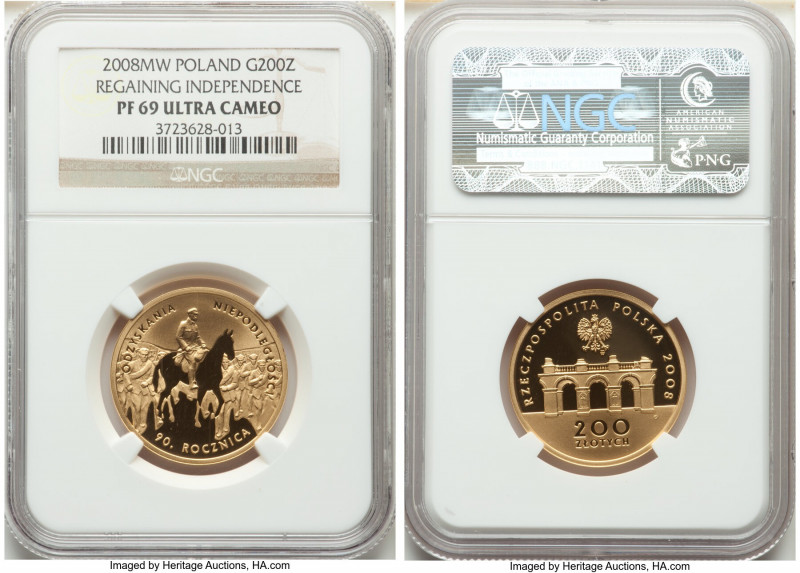 Republic gold Proof "Regaining Independence" 200 Zlotych 2008-MW PR69 Ultra Came...