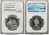 British Colony. Elizabeth II platinum Proof "Death of Napoleon" 50 Pounds 1986 PR70 Ultra Cameo NGC, KM10. Mintage: 5,000. APtW 1.0361 oz. 

HID098012...