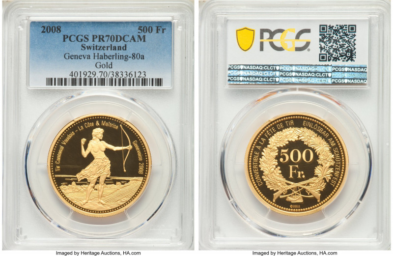 Confederation gold Proof "Geneva Shooting Festival" 500 Francs 2008 PR70 Deep Ca...