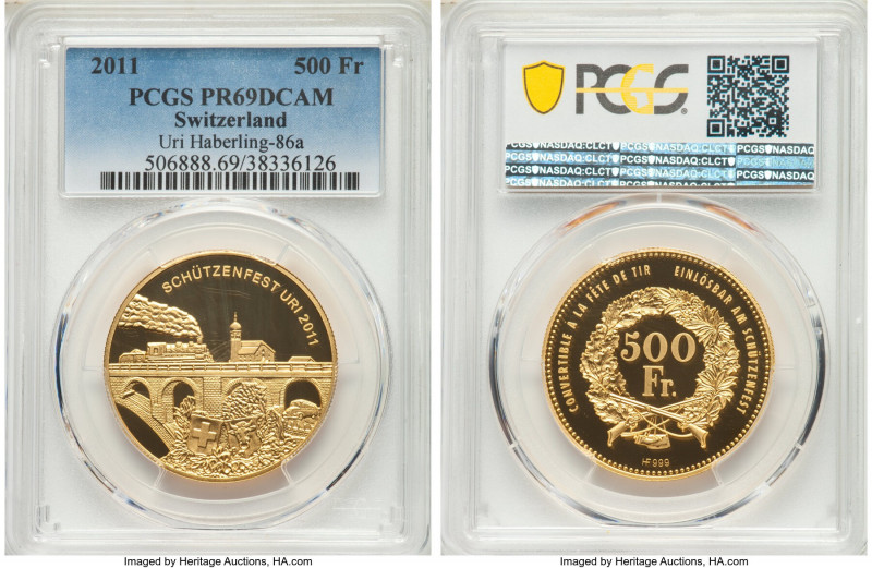 Confederation gold Proof "Uri Shooting Festival" 500 Francs 2011 PR69 Deep Cameo...