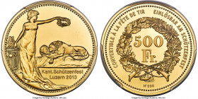 Confederation gold Proof "Lucerne Shooting Festival" 500 Francs 2013 PR70 Deep Cameo PCGS, KM-X-Unl., Häb-90a. Mintage 150. Sold with specifications t...