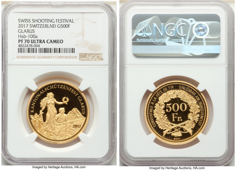 Confederation gold Proof "Glarus Shooting Festival" 500 Francs 2017 PR70 Ultra C...