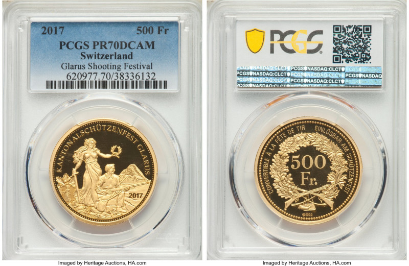 Confederation gold Proof "Glarus Shooting Festival" 500 Francs 2017 PR70 Deep Ca...