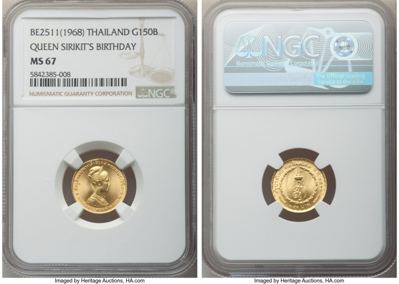 Rama IX gold "Queen Sirikit's Birthday" 150 Baht BE 2511 (1968) MS67 NGC, KM-Y88...