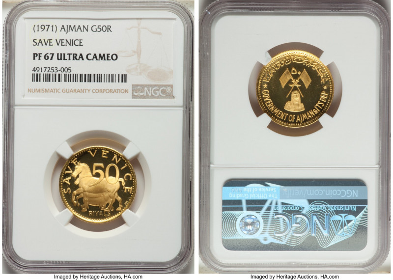 Ajman. Rashid Bin Hamad al-Naimi gold Proof "Save Venice" 50 Riyals ND (1971) PR...