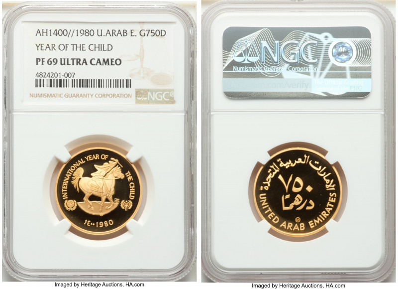 United Emirates gold Proof "Year of the Child" 750 Dirhams AH 1400 (1980) PR69 U...