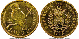 Republic gold "Cock of the Rock" 1000 Bolivares 1975 MS62 NGC, British Royal mint, KM-Y48.2, Fr-8. Smooth wings variety. Conservation series. AGW 0.96...