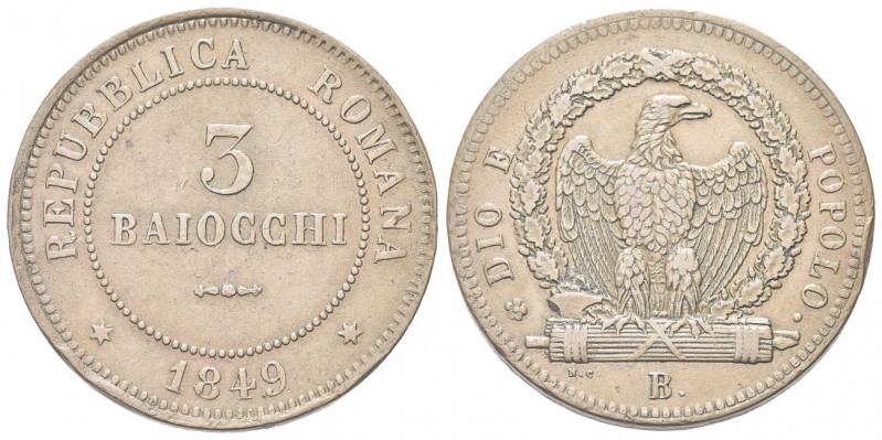 BOLOGNA
Seconda Repubblica Romana, 1848-1849.
3 Baiocchi 1849.
Æ gr. 24,33
D...