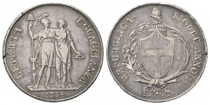 GENOVA
Repubblica Ligure, 1798-1805.
8 Lire 1798 a. I.
Ag gr. 33,07
Dr. Stem...