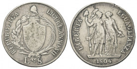 GENOVA
Repubblica Ligure, 1798-1805.
8 Lire 1804 a. VII.
Ag gr. 32,64
Dr. Stemma di Genova, su fascio sormontato da pileo, tra rami di lauro e pal...