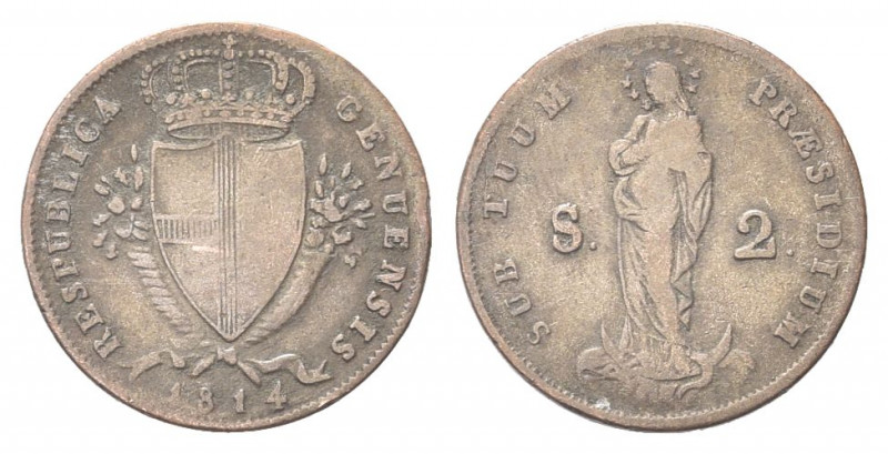 GENOVA
Repubblica Genovese, 1814.
2 Soldi 1814
Mi gr. 2,12
Dr. Stemma di Gen...
