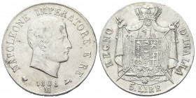 MILANO
Napoleone I Re d'Italia, 1805-1814.
5 Lire 1808, I Tipo, puntali aguzzi.
Ag gr. 24,84
Dr. Testa nuda a d.
Rv. Stemma coronato su padiglion...