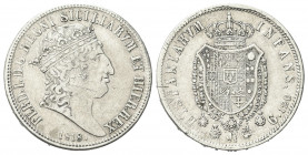NAPOLI
Ferdinando IV (I) di Borbone, 1816-1825.
Piastra da 120 Grana 1818 (busto grande).
Ag gr. 27,33
Dr. Testa grande coronata a d.; sotto, la d...