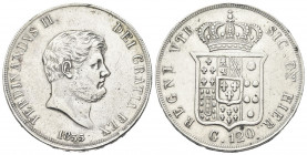 NAPOLI
Ferdinando II di Borbone, 1830-1859.
Piastra da 120 Grana 1855.
Ag gr. 27,30
Dr. Testa barbuta a d.; sotto, la data.
Rv. Stemma coronato....