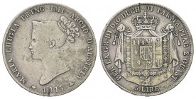 PARMA
Maria Luigia d'Austria, 1814-1847.
5 Lire 1815.
Ag gr. 24,55
Dr. Busto diademato a s.
Rv. Stemma coronato su padiglione.
Pag. 5; Gig. 5.
...