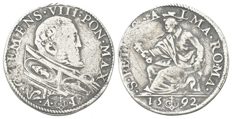 ROMA
Clemente VIII (Ippolito Aldobrandini), 1592-1605. 
Testone 1592.
Ag gr. ...