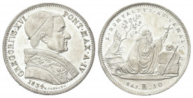 ROMA
Gregorio XVI (Bartolomeo Alberto Cappellari), 1831-1846.
50 Baiocchi 1834 a. IV.
Ag gr. 13,19
Dr. Busto a s., con zucchetto, mozzetta e stola...