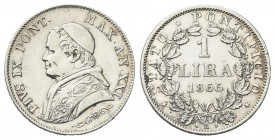 ROMA
Pio IX (Giovanni Maria Mastai Ferretti), 1846-1878.
Lira 1866 a. XXI, busto piccolo.
Ag gr. 4,93
Dr. Busto a s., con zucchetto, mozzetta e st...