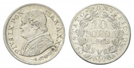 ROMA
Pio IX (Giovanni Maria Mastai Ferretti), 1846-1878.
10 Soldi 1868 a. XXII.
Ag gr. 2,50
Dr. Busto a s. con zucchetto, mozzetta e stola.
Rv. V...