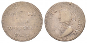 RONCIGLIONE
Prima Repubblica Romana. Occupazione Austriaca, 1799-1800.
Madonnina da 3 Baiocchi 1799.
Æ gr. 13,08
Dr. Valore e data entro cerchio l...