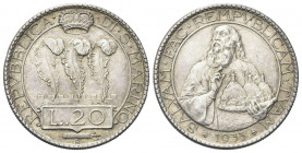 SAN MARINO
Vecchia monetazione, 1864-1938.
20 Lire 1933.
Ag gr. 14,91
Dr. Tre penne coronate, su merlature.
Rv. Busto di San Marino con le tre to...