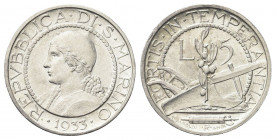 SAN MARINO
Vecchia monetazione, 1864-1938.
5 Lire 1933.
Ag gr. 4,99
Dr. Busto muliebre a s.
Rv. Aratro sormontato da ramo di ulivo.
Pag. 360; Gi...